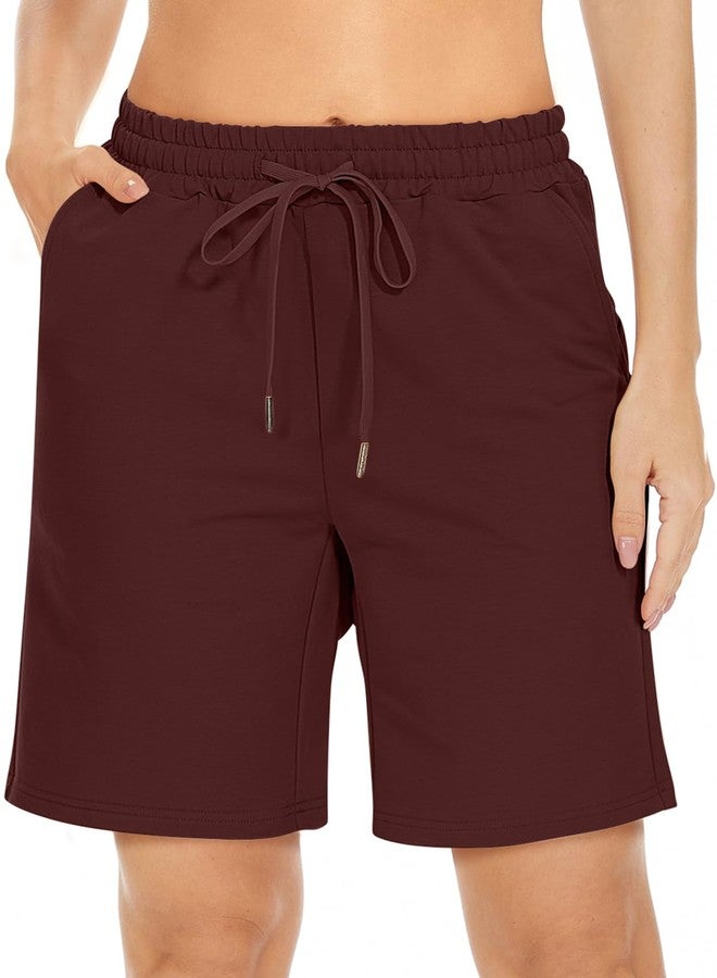 TARSE Women's Bermuda Shorts Summer Long Cotton Drawstring Loose Pocket Knee Length Shorts Yoga Casual Walking Exercise Shorts(Wine,M) - Image 2